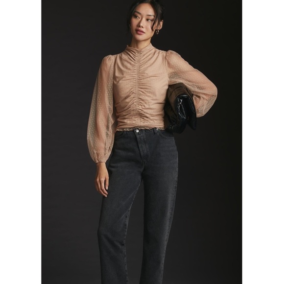 Anthropologie En Elly Ruched Blouse Top New Champagne Light Sand Size Medium NWT - Picture 8 of 12